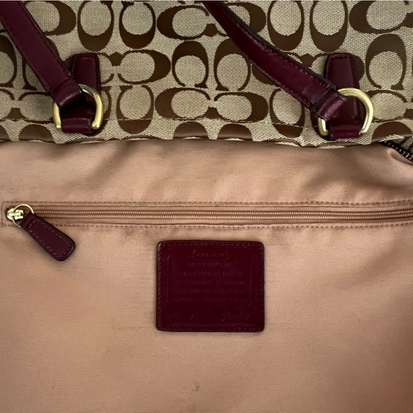 Coach Signature Stripe Khaki Brown Canvas Tote Bag Burgundy Leather Trim F28504 - Picture 6 of 11